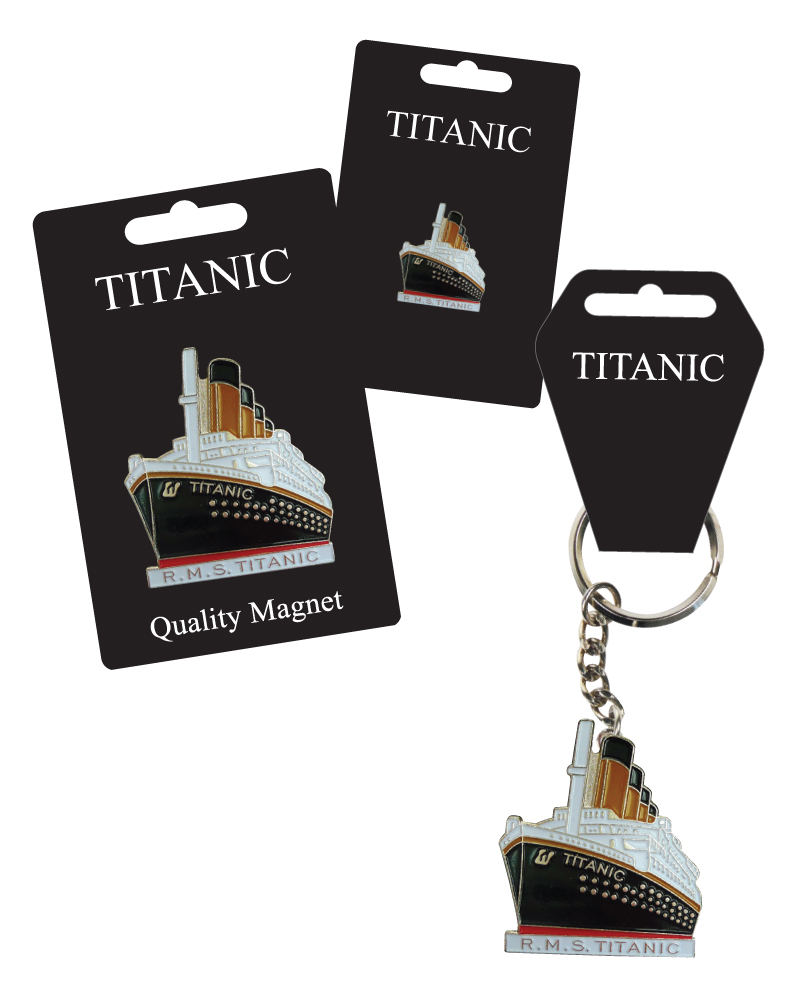 Titanic Enamel Keyring, Lapel Pin Badge & Fridge Magnet Set